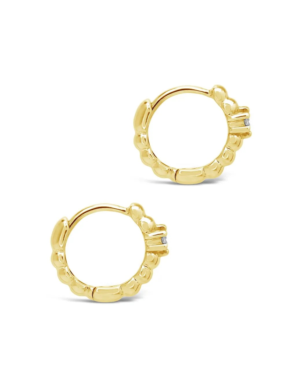 14K Gold Bead & Diamond Huggie Hoop Earrings