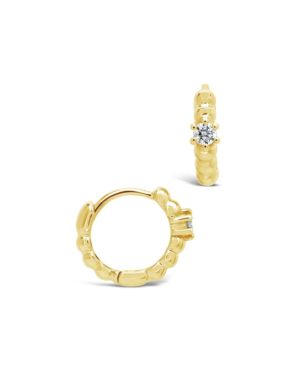 14K Gold Bead & Diamond Huggie Hoop Earrings