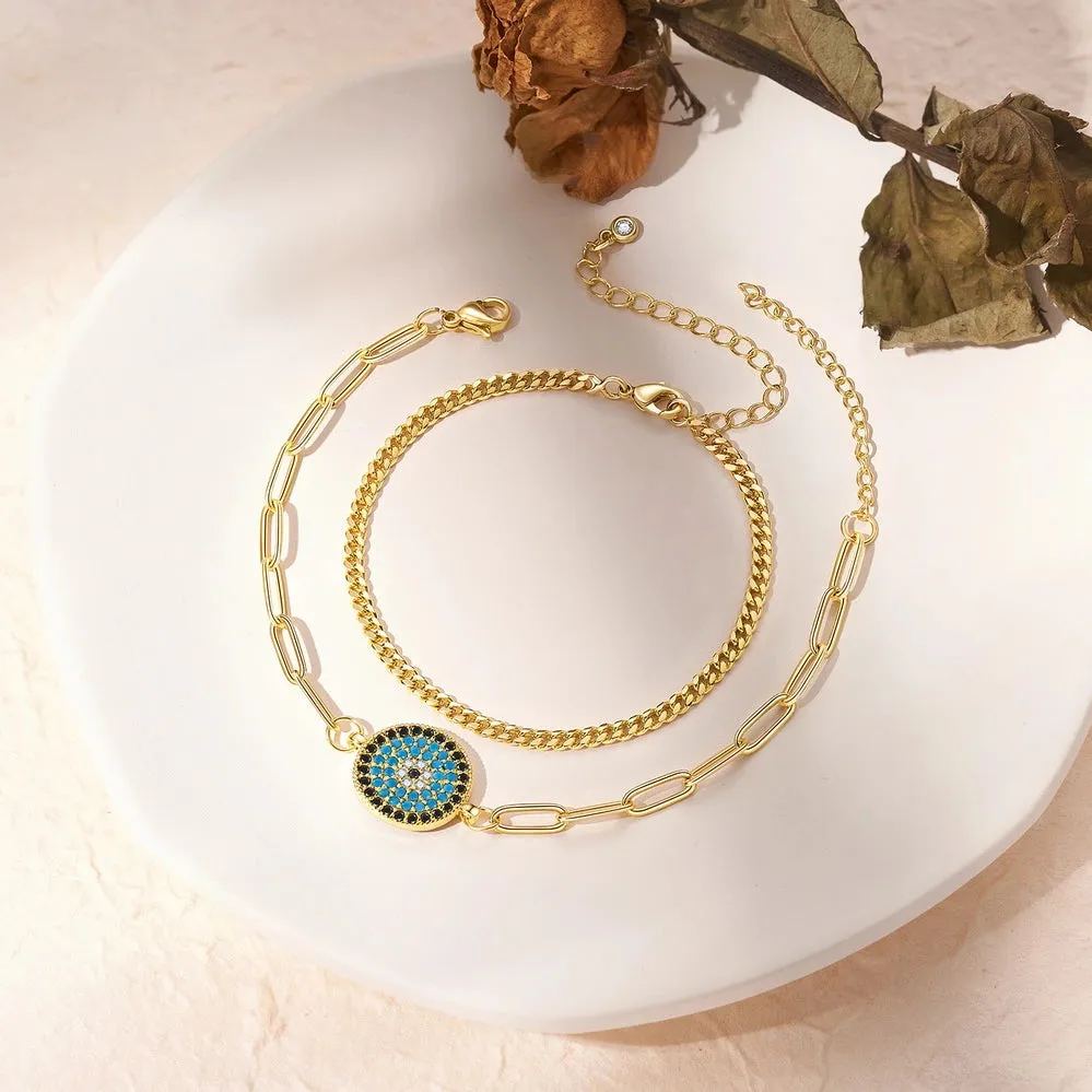 14k Gold Plated Dainty Layered Evil Eye Bracelets- Round eye & Cuban