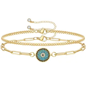 14k Gold Plated Dainty Layered Evil Eye Bracelets- Round eye & Cuban