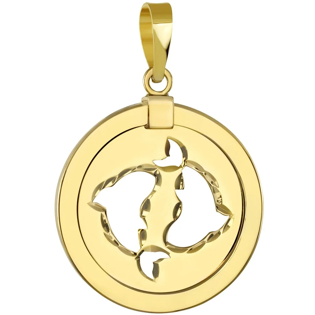 14K Gold Reversible Round Pisces Zodiac Sign Pendant - Yellow Gold