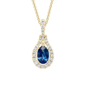 14k Gold Sapphire and Diamond Halo Pendant Necklace