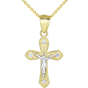 14k Two Tone Gold CZ Small Crucifix Religious Cross Charm Pendant Necklace