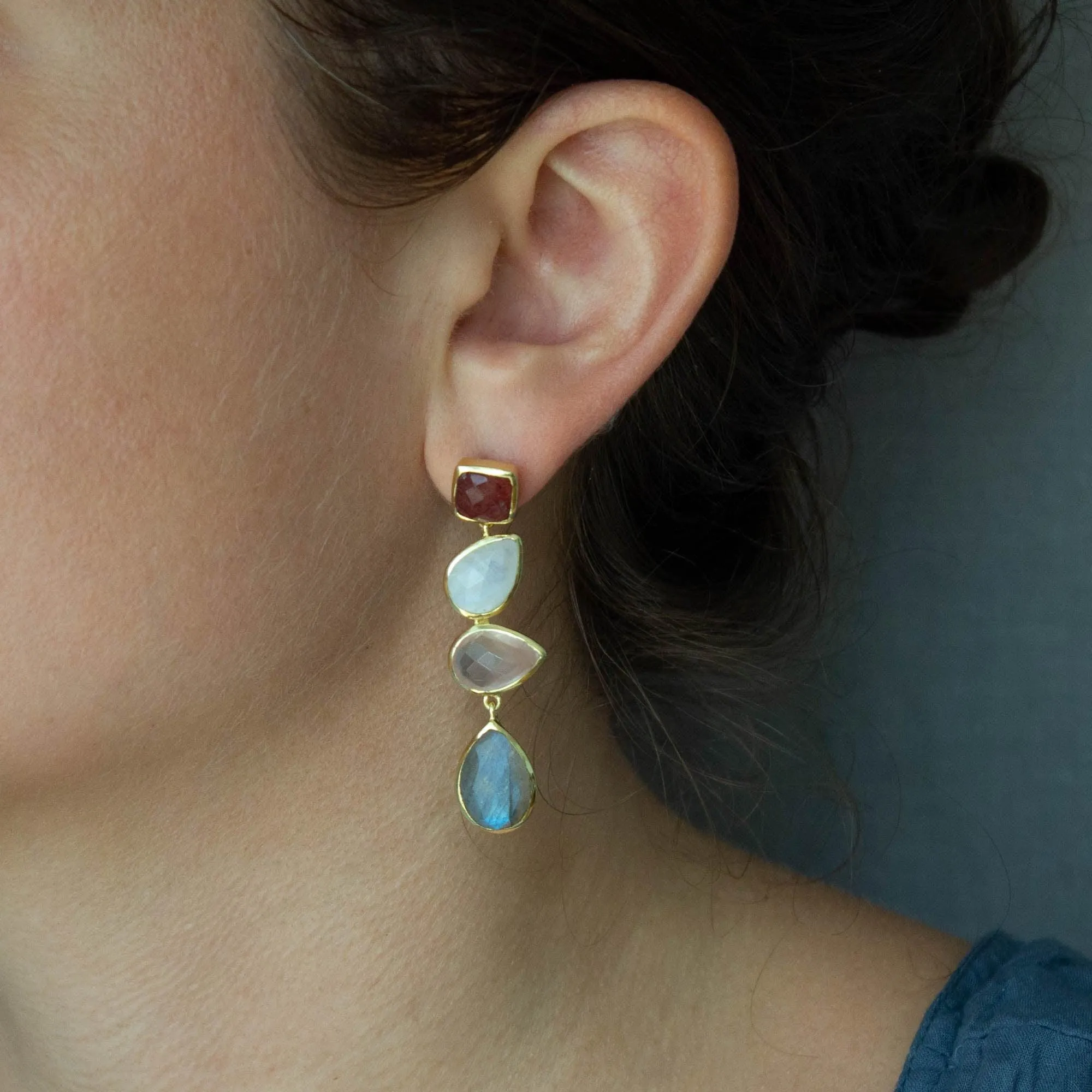 18ct Gold Vermeil Quartz, Moonstone and Labradorite Drop Earrings