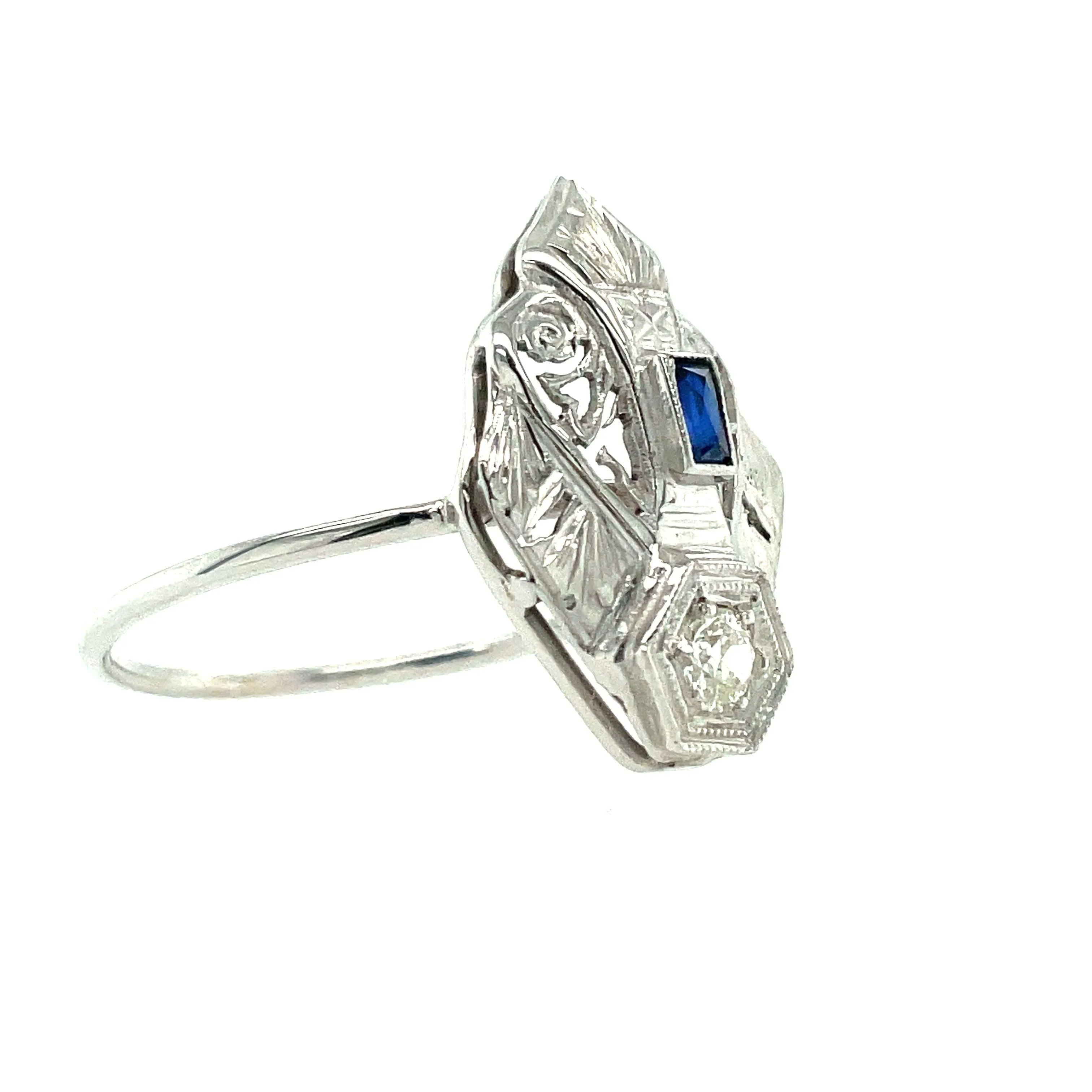 18k Filigree Created Sapphire and Diamond Ring