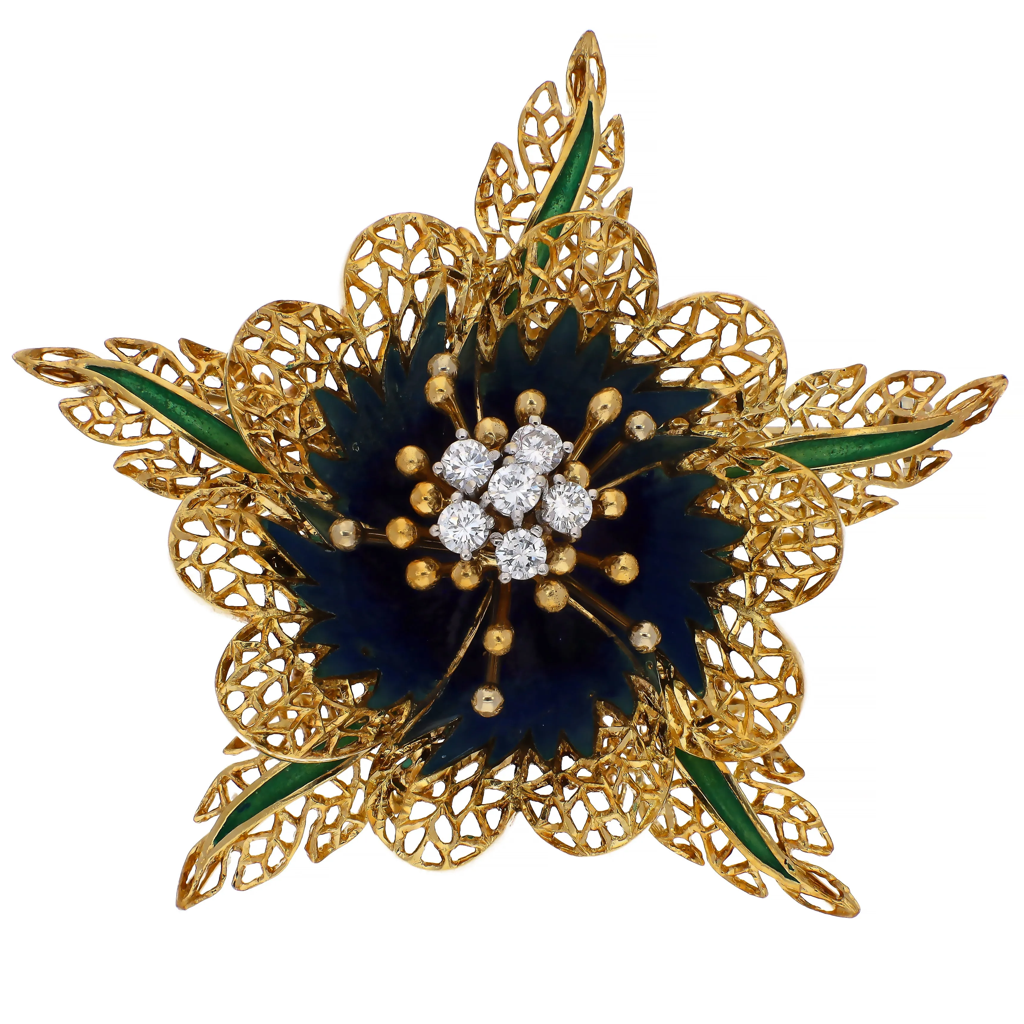 18K Yellow Gold diamond and Polychrome Enamel Mid-Century Modern Flower Pin