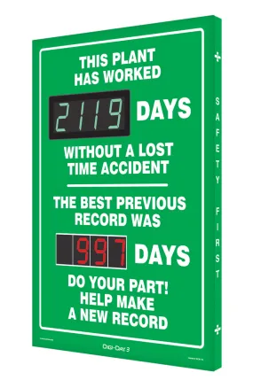 28" X 20" X 2" White And Green Aluminum DIGI-DAY® Safety Scoreboard "THIS PLANT HAS WORKED ____ DAYS WITHOUT A LOST TIME ACCIDENT THE BEST PREVIOUS RECORD WAS ____ DAYS DO YOUR PART HELP MAKE A NEW RECORD"