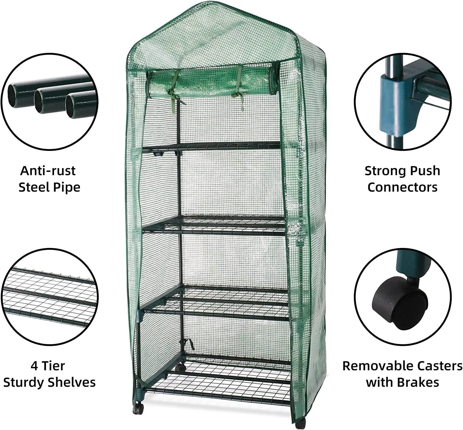 4-Tier Mini Greenhouse on Casters, Gardening Plant Greenhouse, Sturdy Gardening Shelves with PVC Cover and Rolling Zipper Door, Green