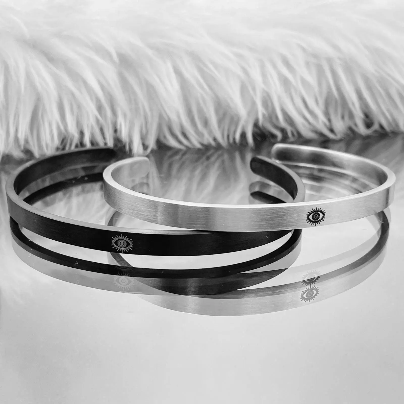 5mm Matte Finish Silver 316 Surgical Stainless Steel Evil Eye Laser Engraved Cuff Kada Bangle Bracelet Unisex