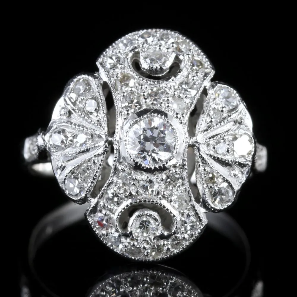 Antique Edwardian Large Diamond Cluster Ring 18Ct White Gold