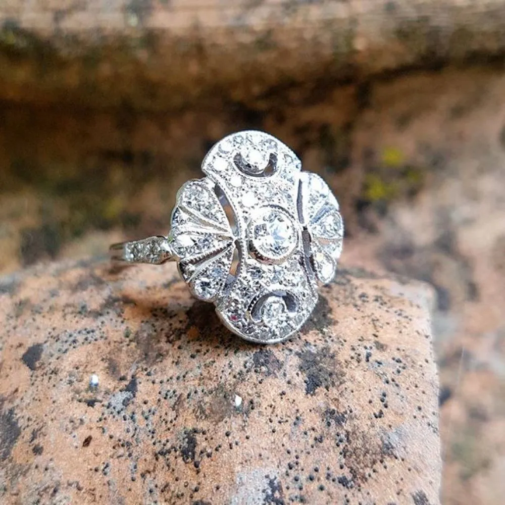 Antique Edwardian Large Diamond Cluster Ring 18Ct White Gold