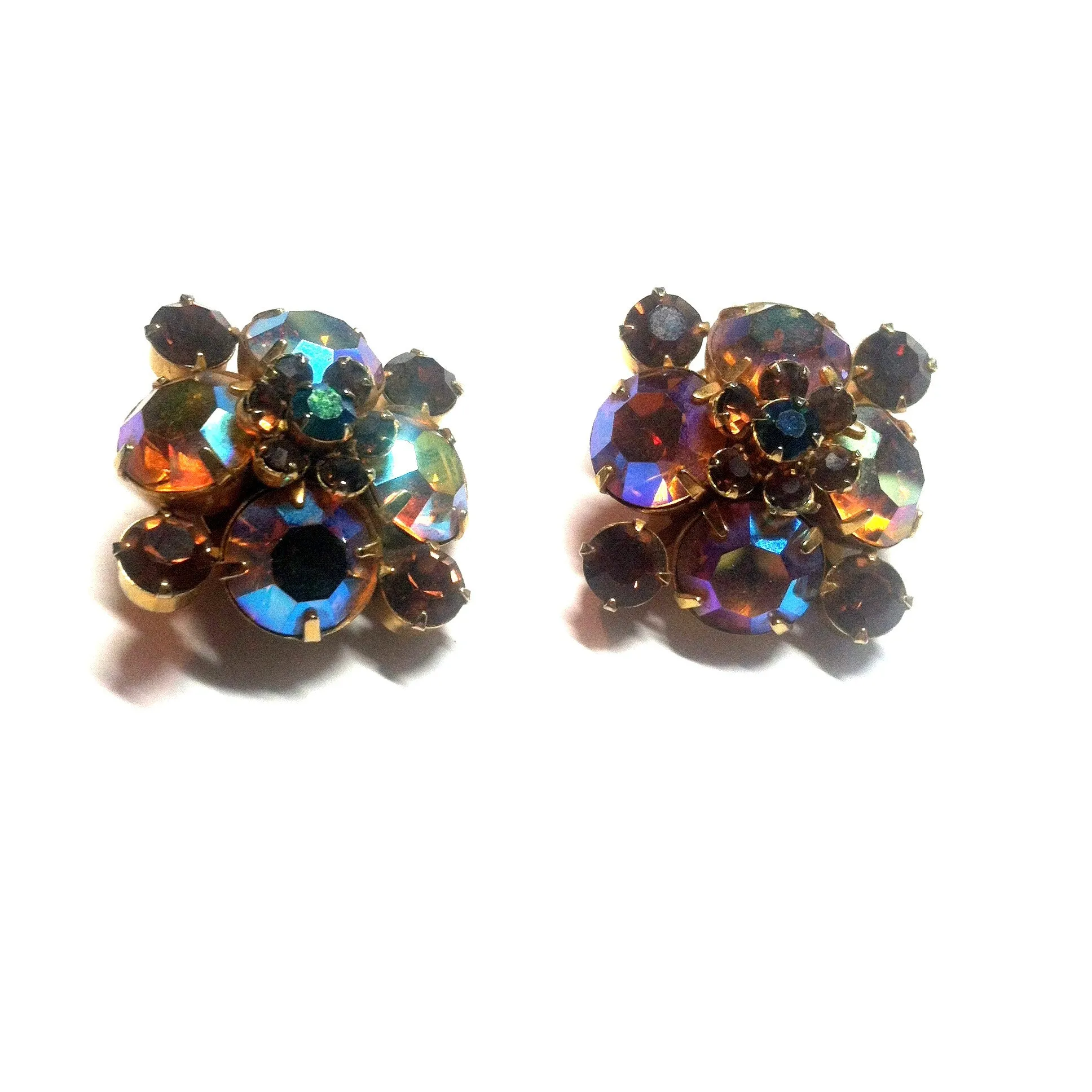 Aurora Borealis Rhinestone Clip Earrings in Autumn Hues circa 1960s