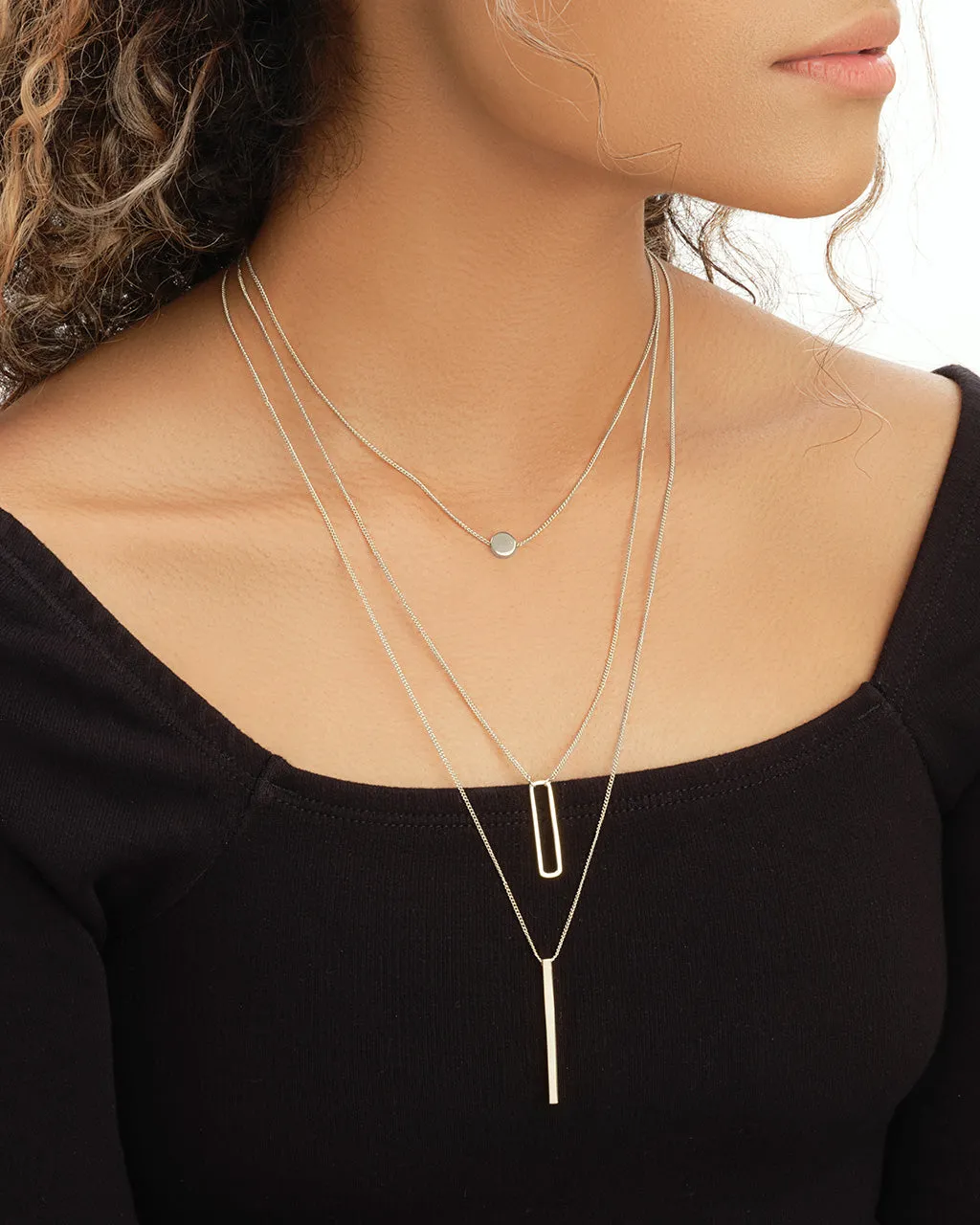 Bar, Disk, Open Bar Drop Layered Necklace