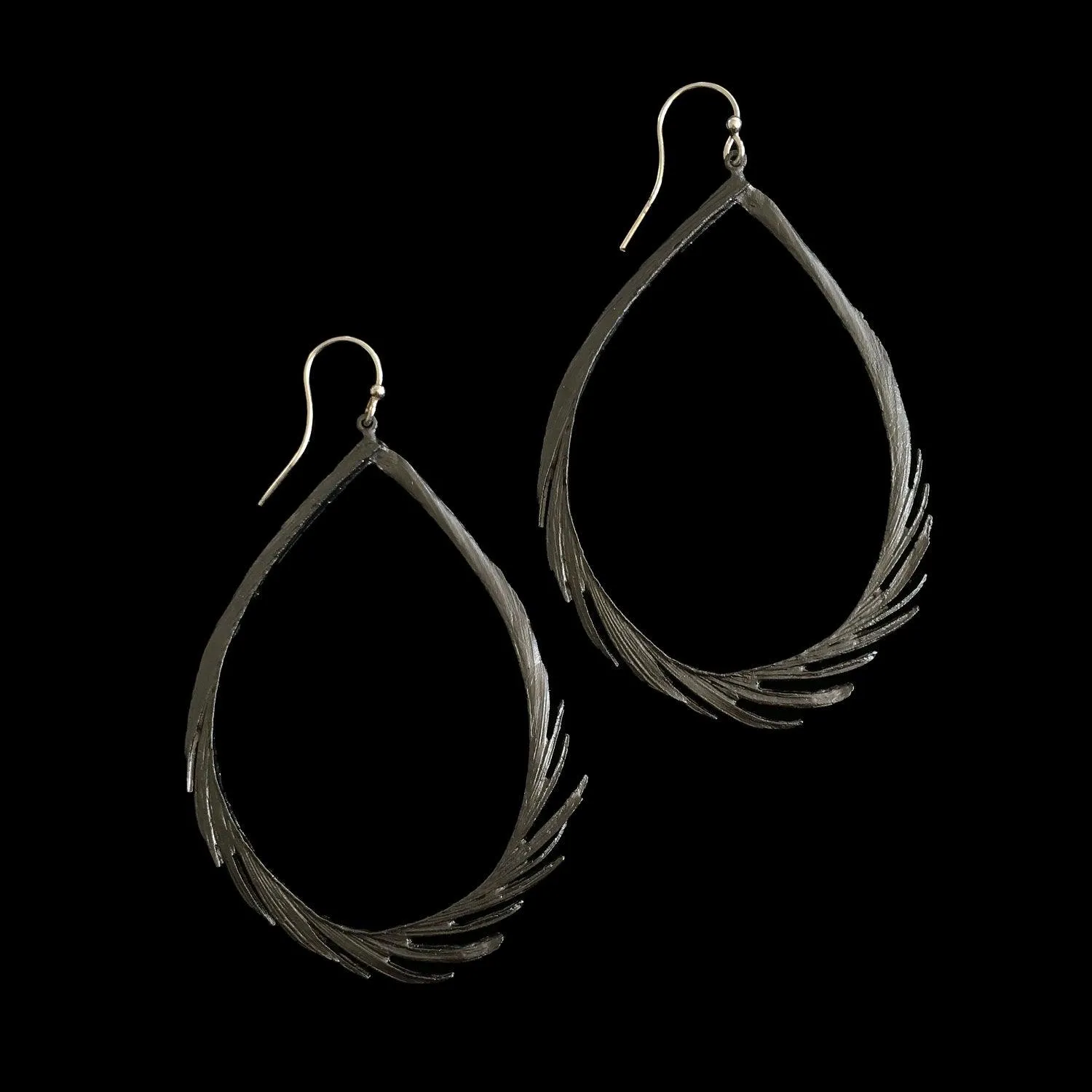 Feather Earring - Large Teardrop Wire Gunmetal