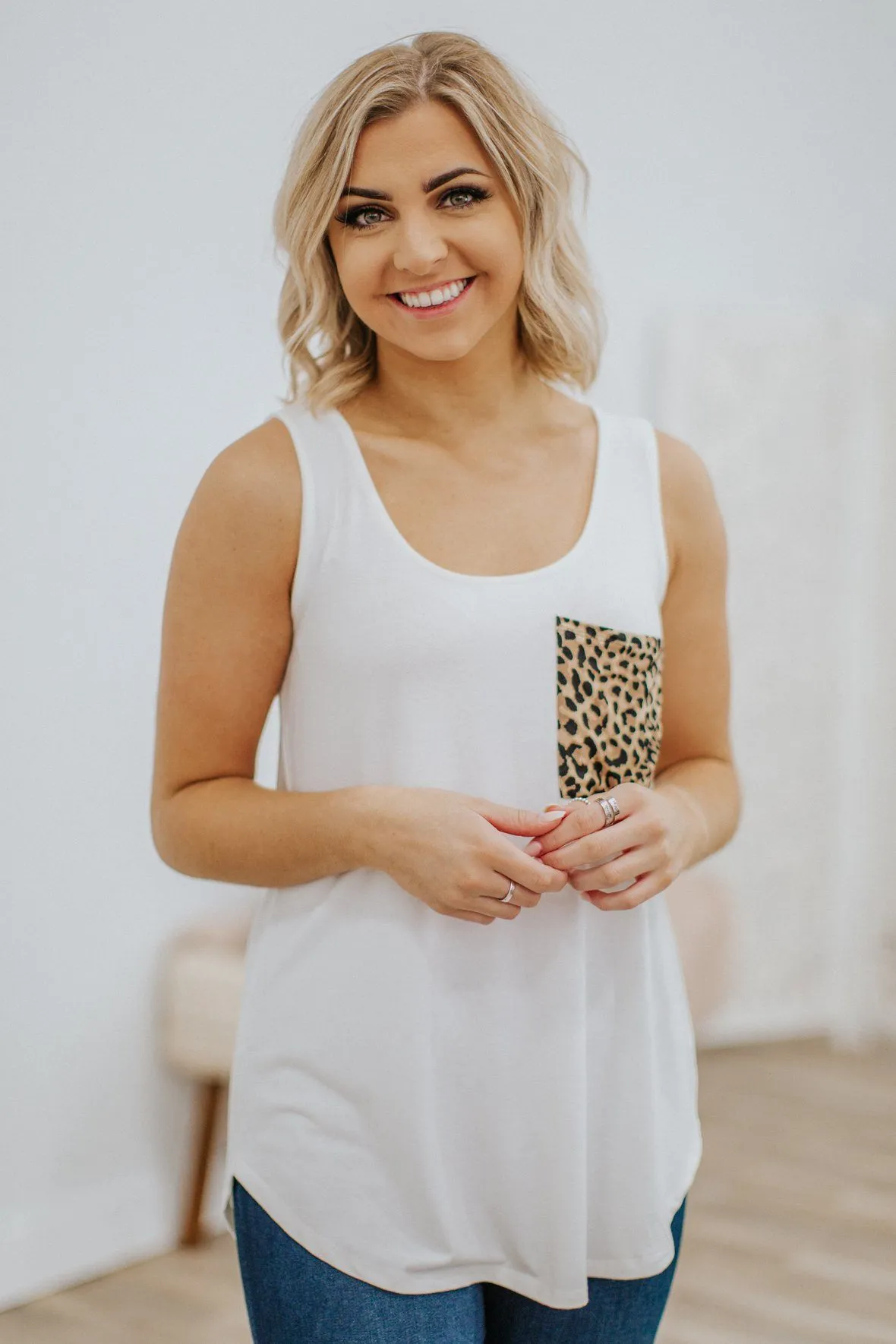 First In Line Sleeveless Leopard Pocket Tank Top in Ivory