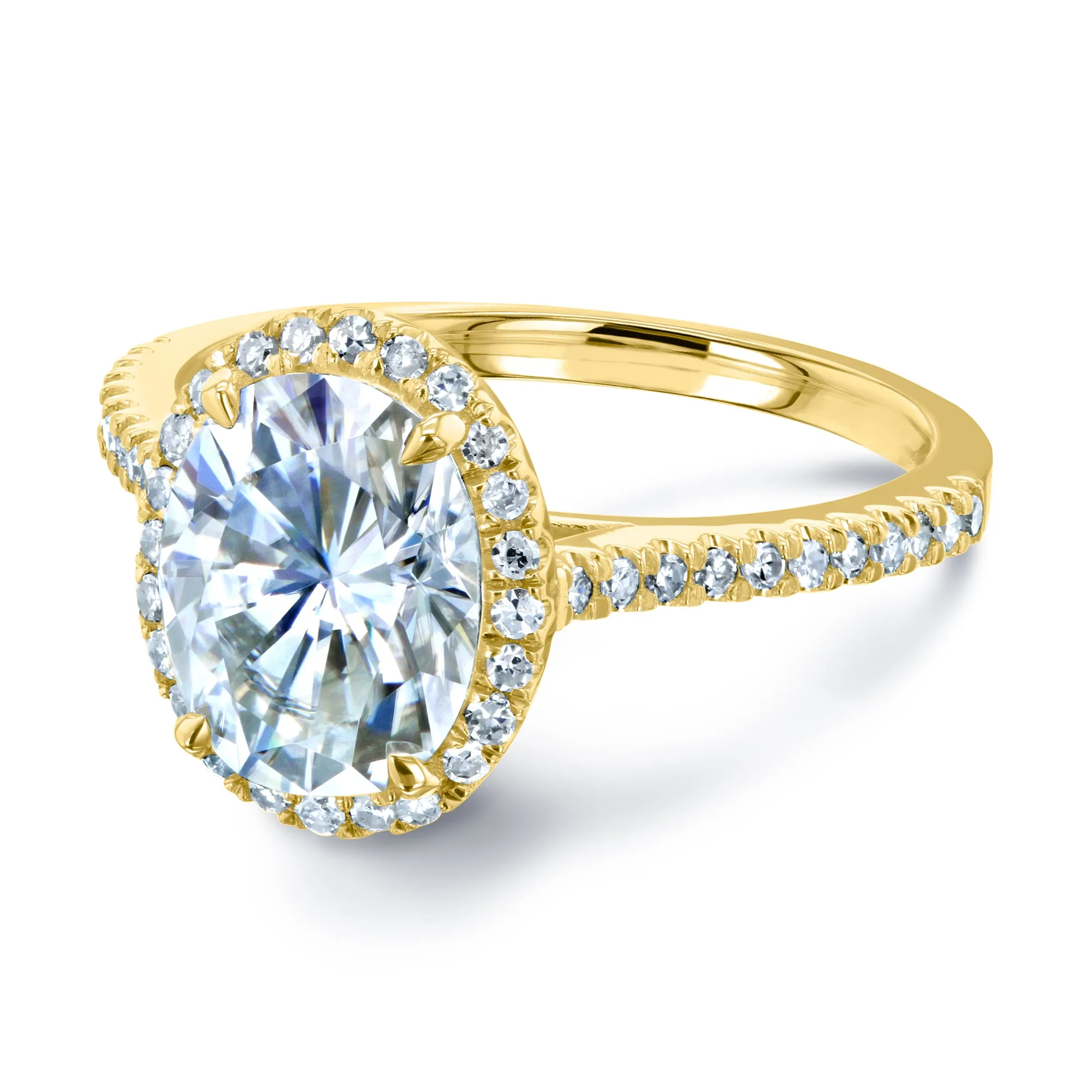 Forever One Oval Moissanite and Diamond Halo Engagement Ring 2 1/4 CTW 14k Yellow Gold (DEF/VS, GH/I)