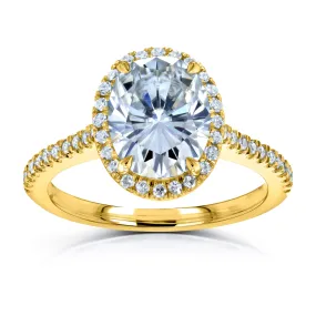 Forever One Oval Moissanite and Diamond Halo Engagement Ring 2 1/4 CTW 14k Yellow Gold (DEF/VS, GH/I)