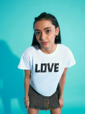 Girls White LOVE Print Crop T-Shirt