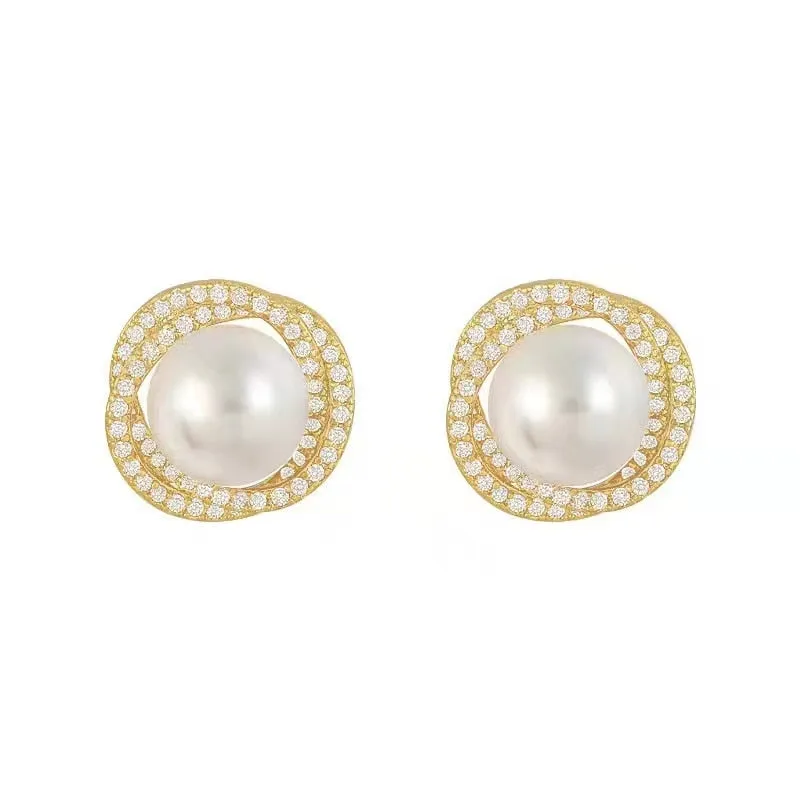 Gold Earrings Swirl-Shaped with Pearls and Zircons