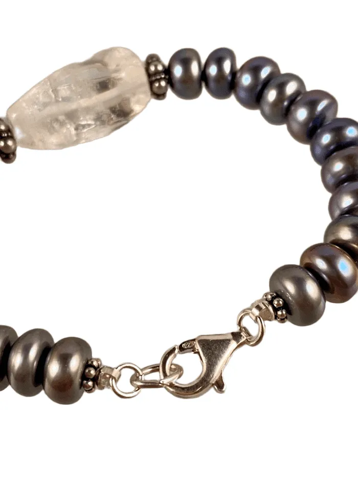 Grey Button Pearl and Quartz Crystal Gemstone Bracelet