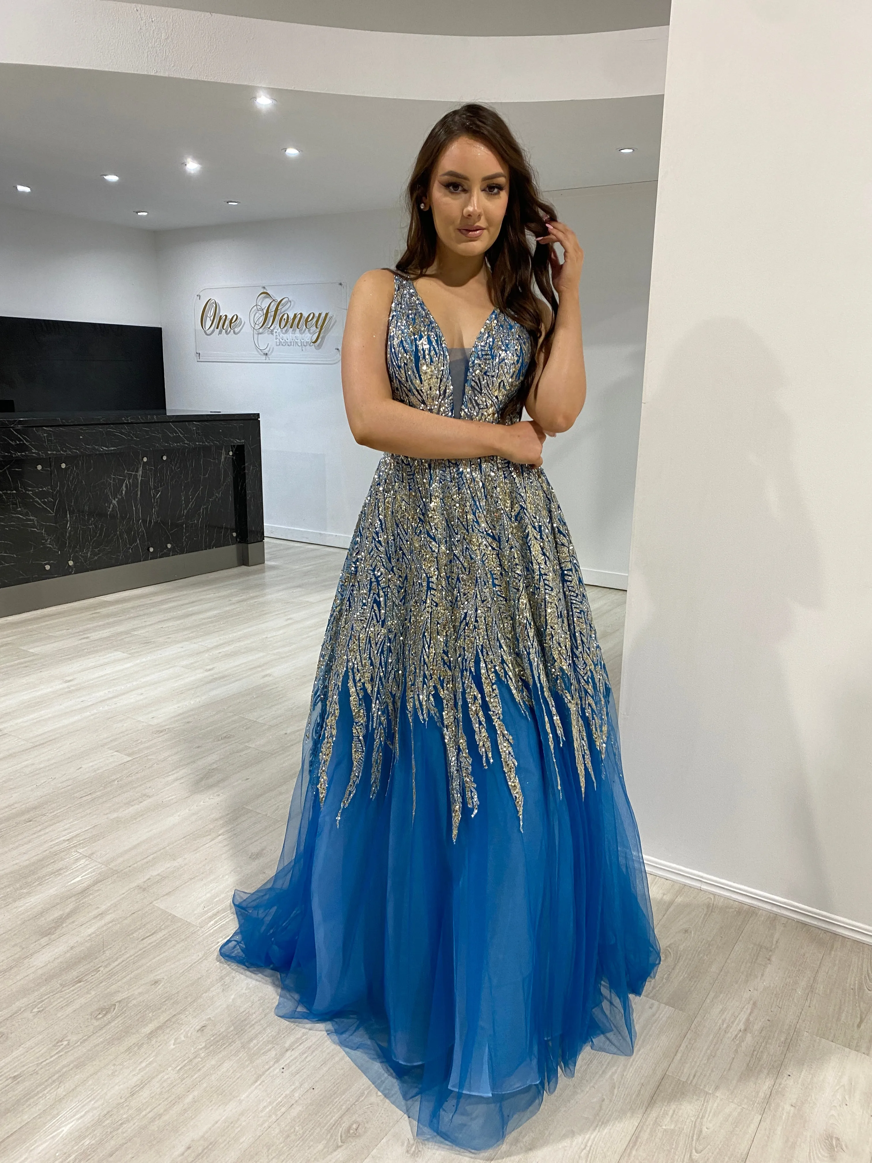 Honey Couture VIANNE Peacock Blue Glitter Tulle Formal Dress