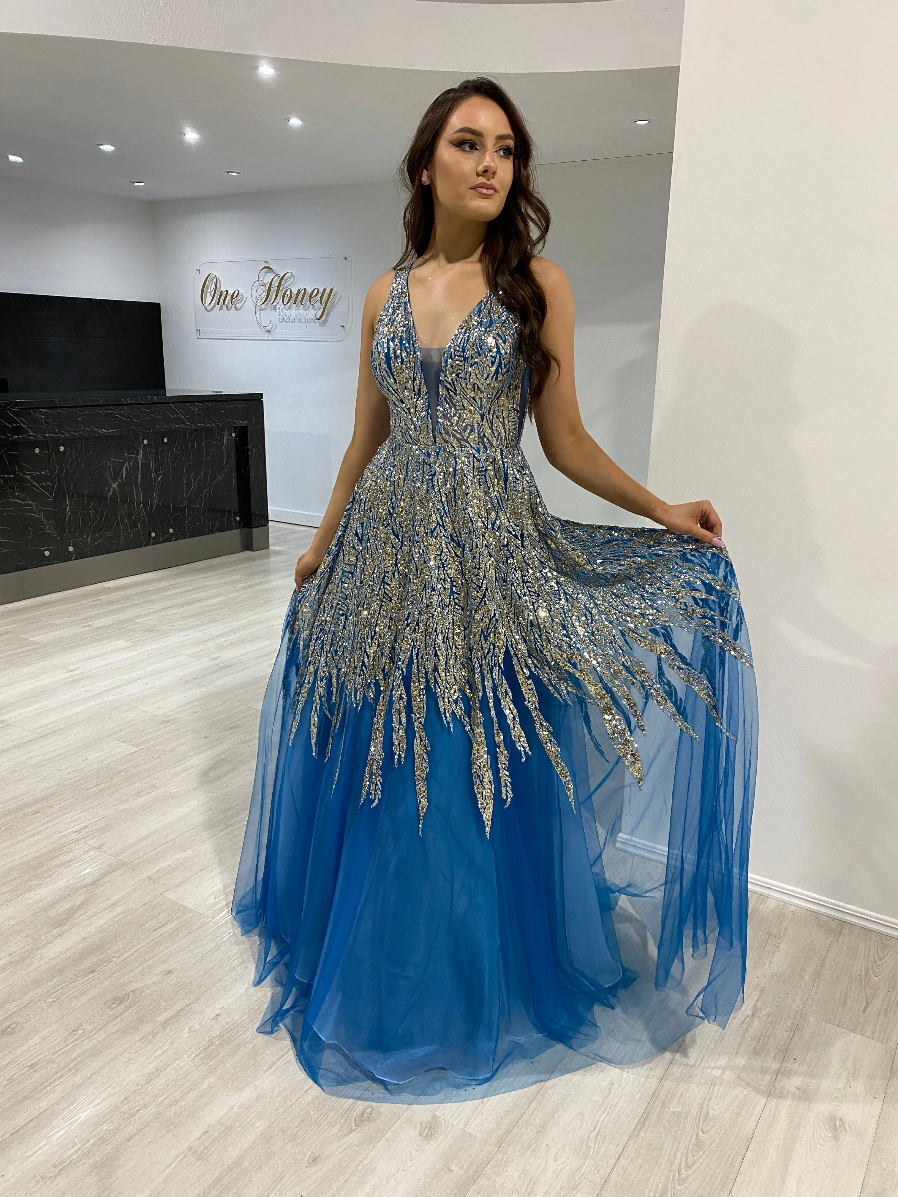 Honey Couture VIANNE Peacock Blue Glitter Tulle Formal Dress