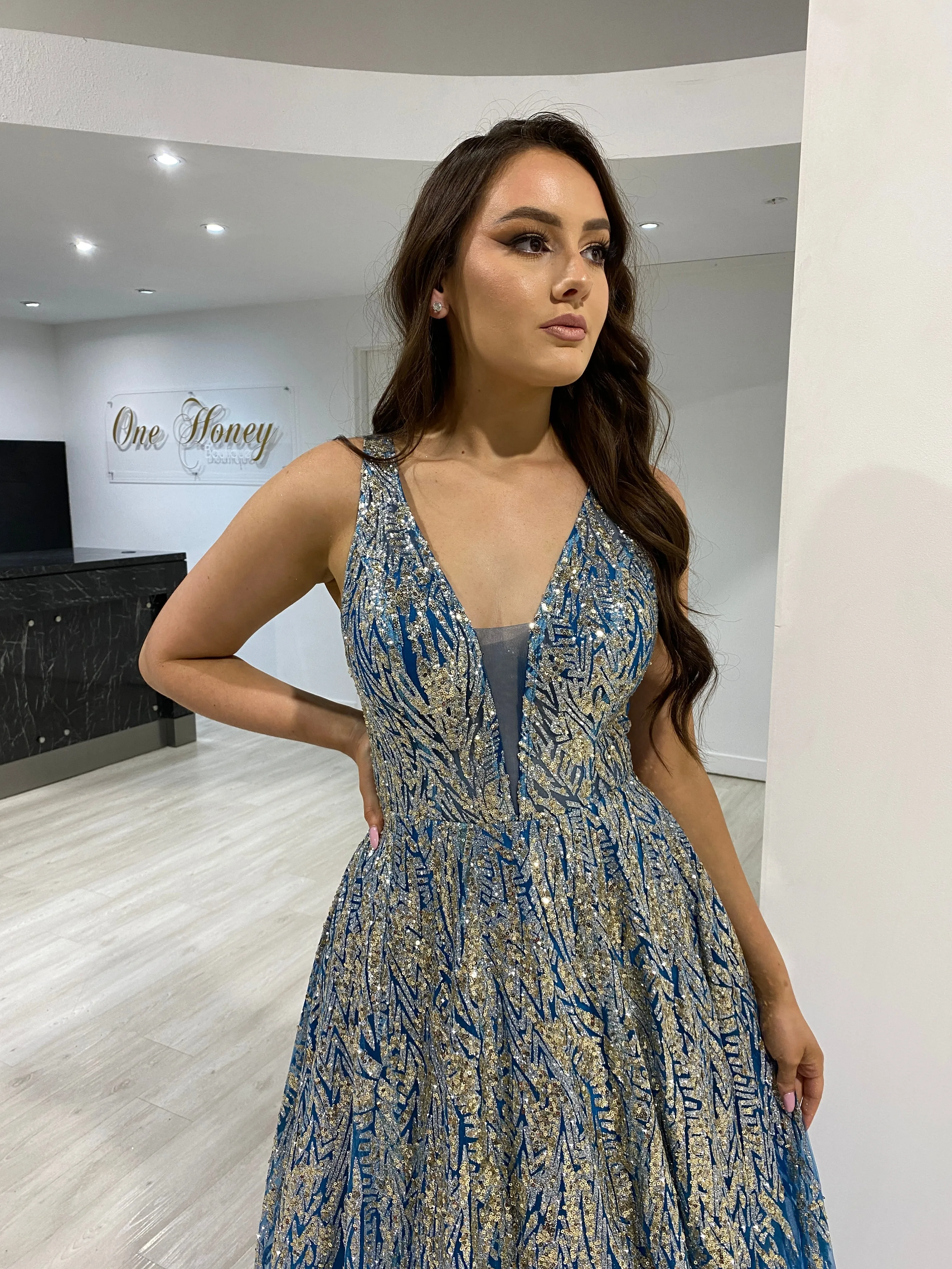 Honey Couture VIANNE Peacock Blue Glitter Tulle Formal Dress