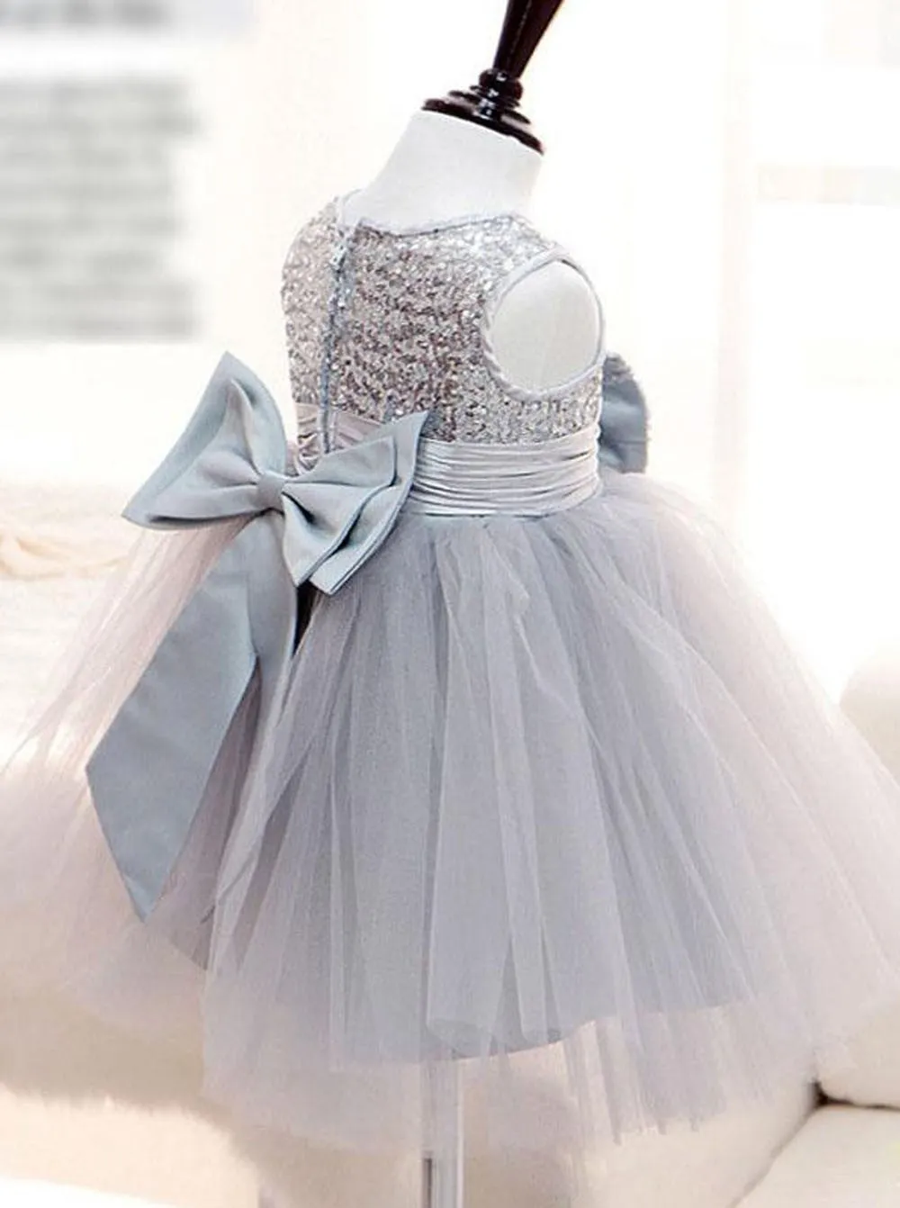 Jewel Sequins Bodice Gray Tullw Flower Girl Dress With Bowknots OF105