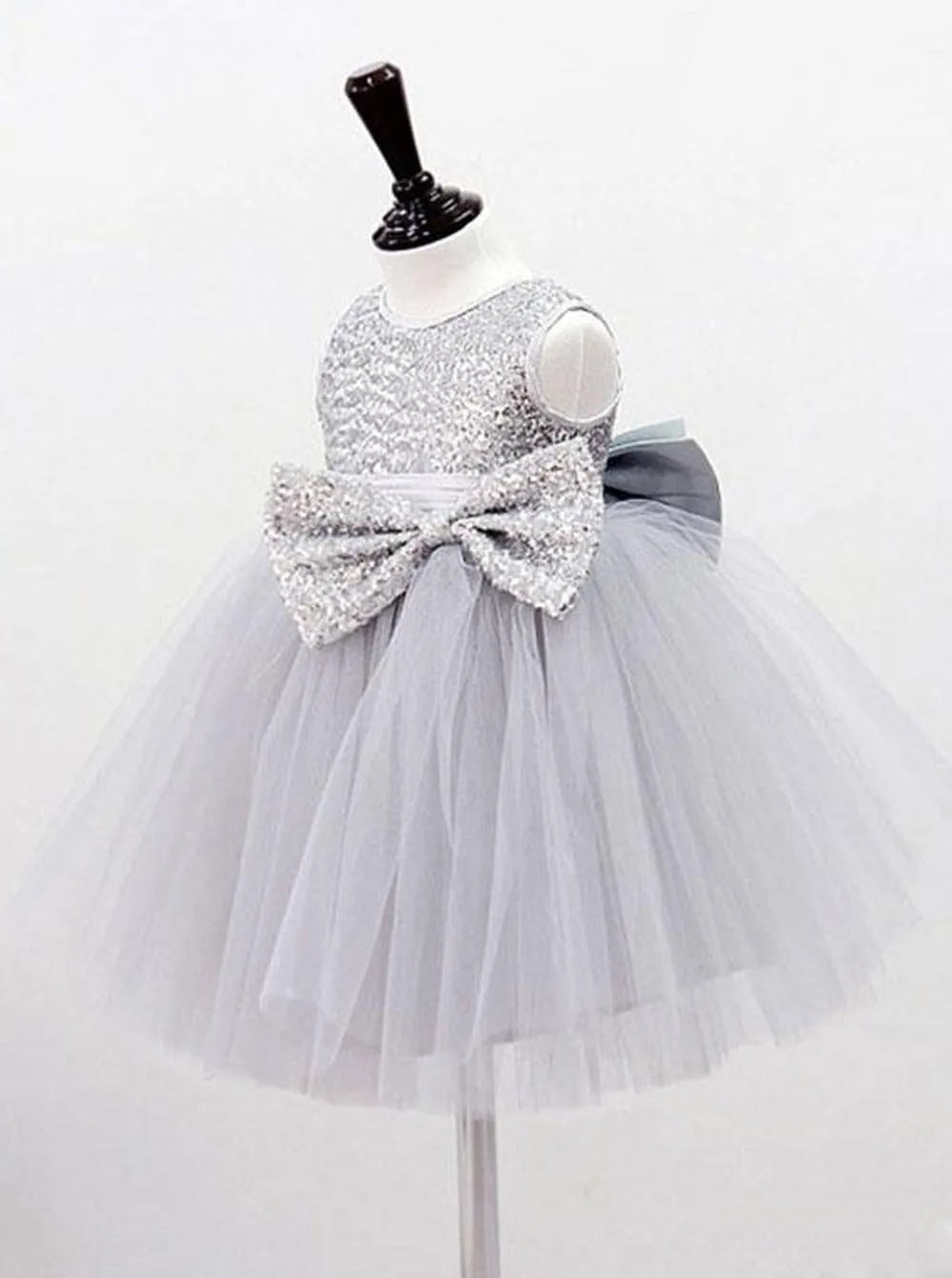 Jewel Sequins Bodice Gray Tullw Flower Girl Dress With Bowknots OF105