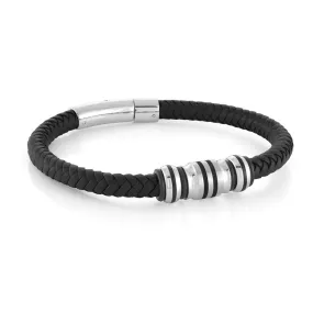 MEN'S STAINLESS STEEL AND BLACK LEATHER BRACELET