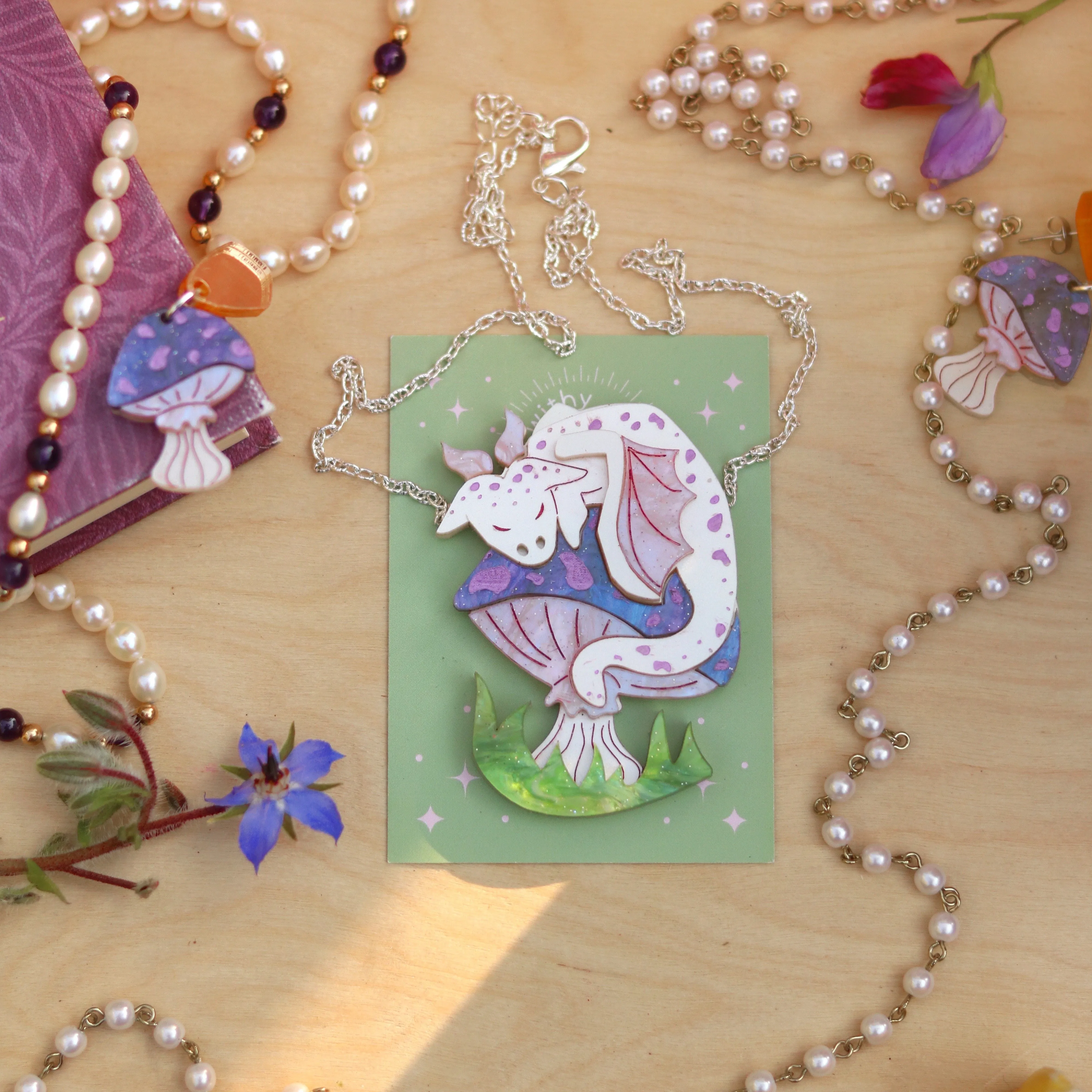 Mushroom Dragon (white and purple) Brooch or Necklace