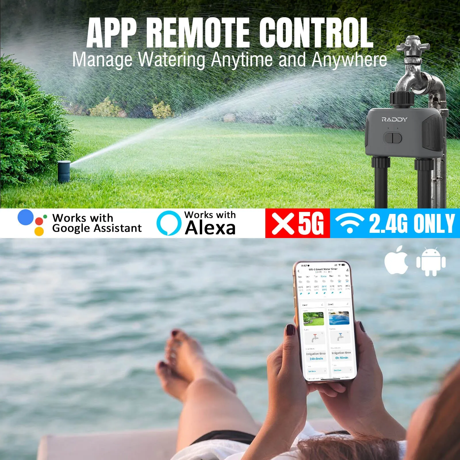 Raddy WS-3 WiFi Sprinkler Timer | 2 Zone | IPX5 Waterproof | APP Control | Automatic Irrigation System