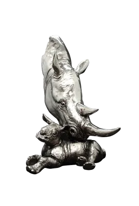 Richard Cooper Rhino and Calf Nickel Resin Sculpture