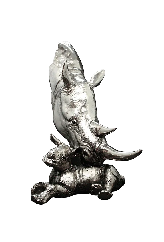 Richard Cooper Rhino and Calf Nickel Resin Sculpture