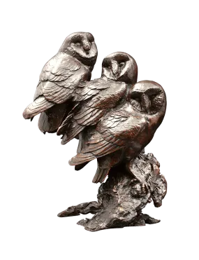 Richard Cooper Watchful Three Barn Owls Bronze Sculpture