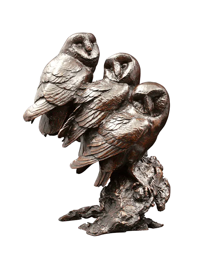 Richard Cooper Watchful Three Barn Owls Bronze Sculpture