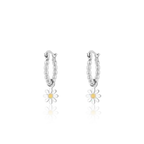 Silver coloured hoop earrings with a flower charm