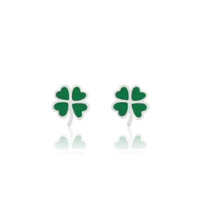 Silver coloured/green stud earrings with a green clover