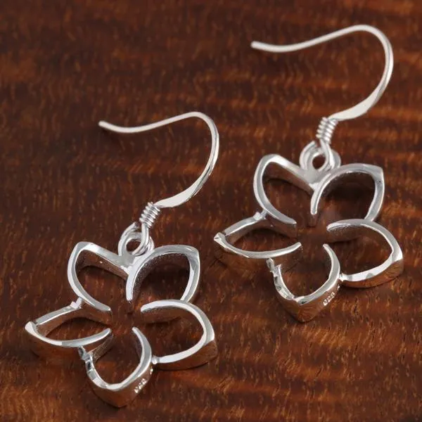 Sterling Silver Floating Plumeria Hook Earrings (10-18mm)