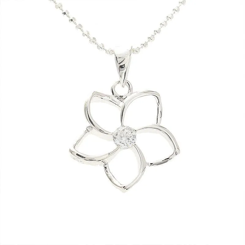 Sterling Silver Floating Plumeria with CZ Pendant (M/L) (Chain Sold Separately)