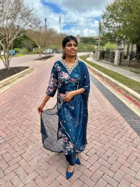 Stunning Peacock Blue Floral 'V' Neck Kurta Set for Elegant Style